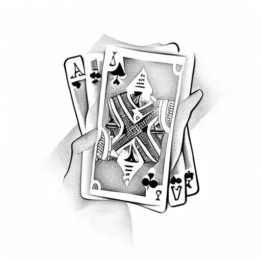 A mysterious hand holding a deck of playing cards with hidden aces tattoo design idea
