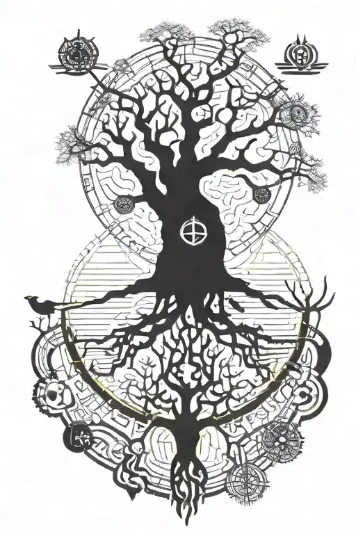 dead world tree and a live world tree with a scorpion element tattoo design idea