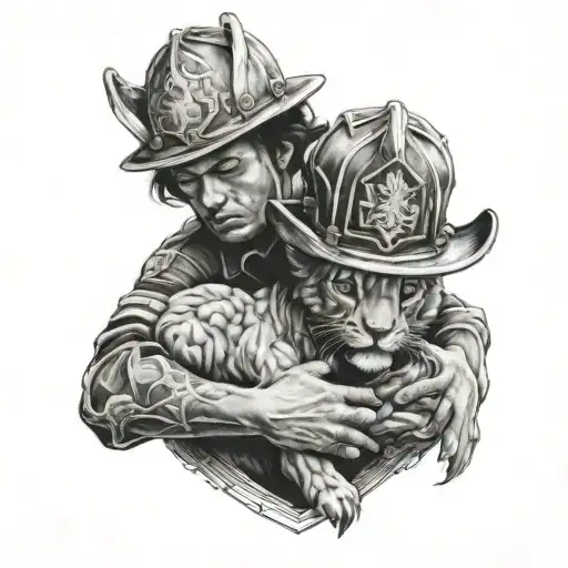 A firefighter holding a lion cub in their arms tattoo design idea