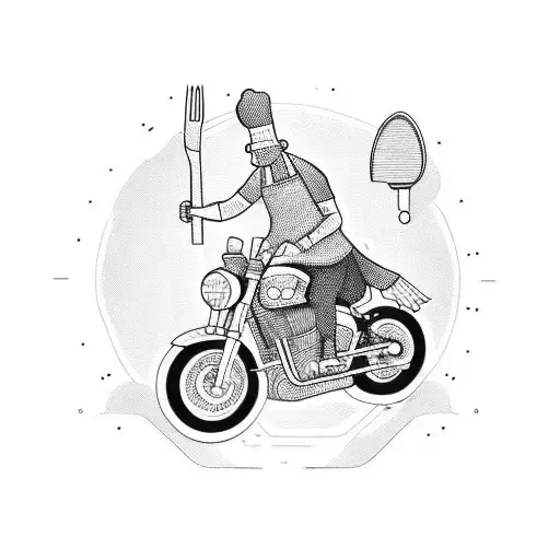 An adventurous chef riding a motorcycle with kitchen utensils as weapons tattoo design idea