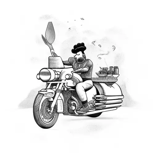 An adventurous chef riding a motorcycle with kitchen utensils as weapons tattoo design idea