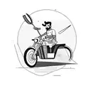 An adventurous chef riding a motorcycle with kitchen utensils as weapons tattoo design idea