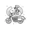 An adventurous chef riding a motorcycle with kitchen utensils as weapons tattoo design idea