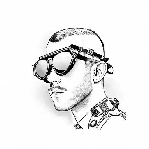 russell tovey wearing aviator glasses, a moustache and a leather harness tattoo design idea