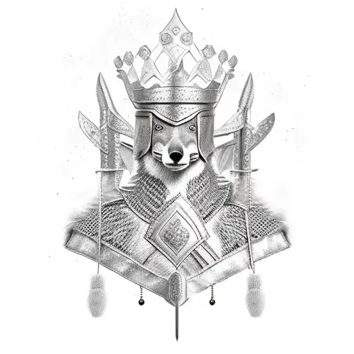 Queen with viel, sword, and crown. Mail armor. Fox fur cape. From midsection up. Side view. tattoo design idea