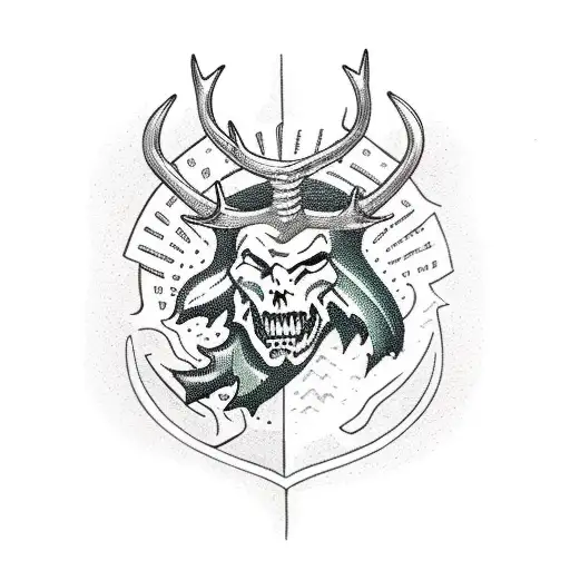 American traditional green earth knight, with tree branch antlers, axe, flail. Sun behind.  tattoo design idea