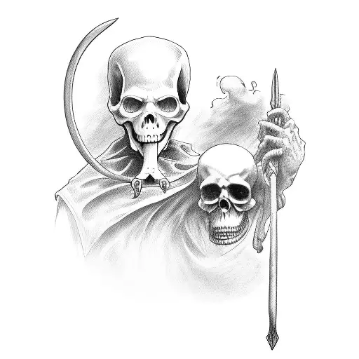 Grim Reaper holding a sythe with a stone Roman numeral clock behind him tattoo design idea