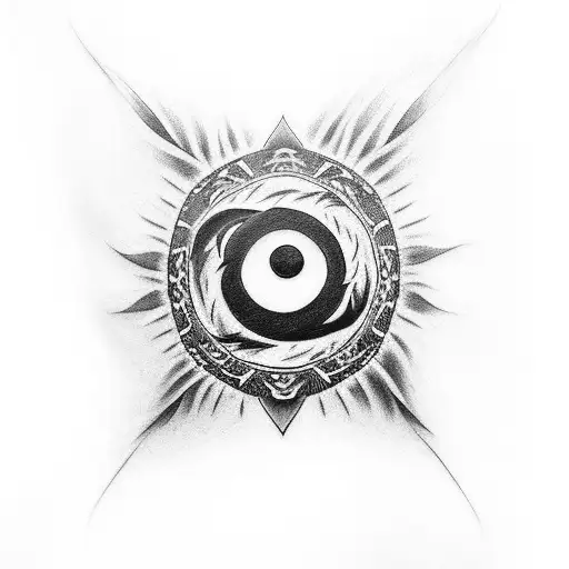 A black-grey tattoo showcasing Itachi's Sharingan as the focal point, surrounded by ravens in silhouette tattoo design idea