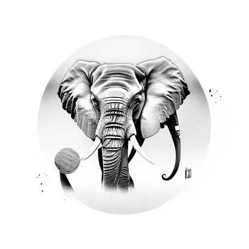 A black and grey realistic portrait of a tennis ball with an elephant's trunk as the ball's seam tattoo design idea