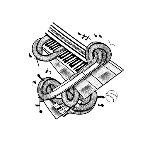 Piano keys intertwined with tennis rackets tattoo design idea