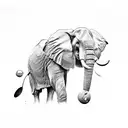 A black and grey realistic portrait of a tennis ball with an elephant's trunk as the ball's seam tattoo design idea