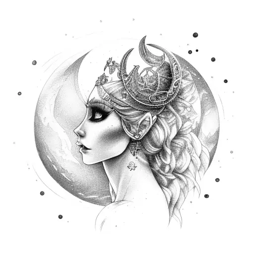 moon goddes magical fantasy brave and corageous nordic human particular features tattoo design idea