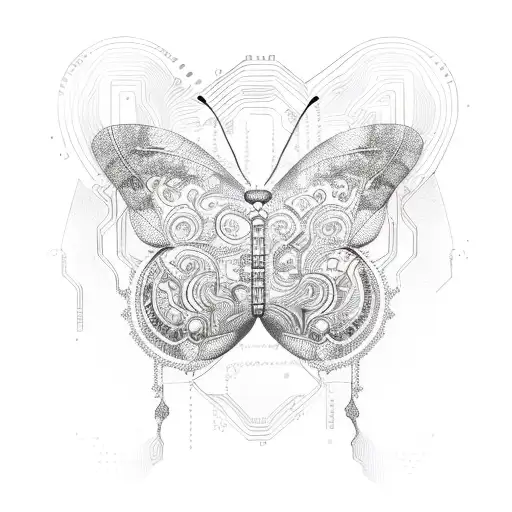 A butterfly with circuit board patterns and crypto currency logos on its wings tattoo design idea