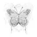 A butterfly with circuit board patterns and crypto currency logos on its wings tattoo design idea