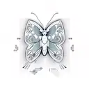 A butterfly with circuit board patterns and crypto currency logos on its wings tattoo design idea
