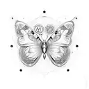 A butterfly with circuit board patterns and crypto currency logos on its wings tattoo design idea