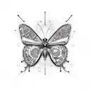 A butterfly with circuit board patterns and crypto currency logos on its wings tattoo design idea