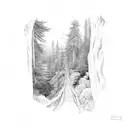 A hiking trail winding through a forest with hidden dark humor elements scattered throughout tattoo design idea