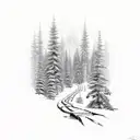 A hiking trail winding through a forest with hidden dark humor elements scattered throughout tattoo design idea