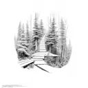 A hiking trail winding through a forest with hidden dark humor elements scattered throughout tattoo design idea