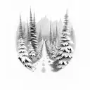 A hiking trail winding through a forest with hidden dark humor elements scattered throughout tattoo design idea