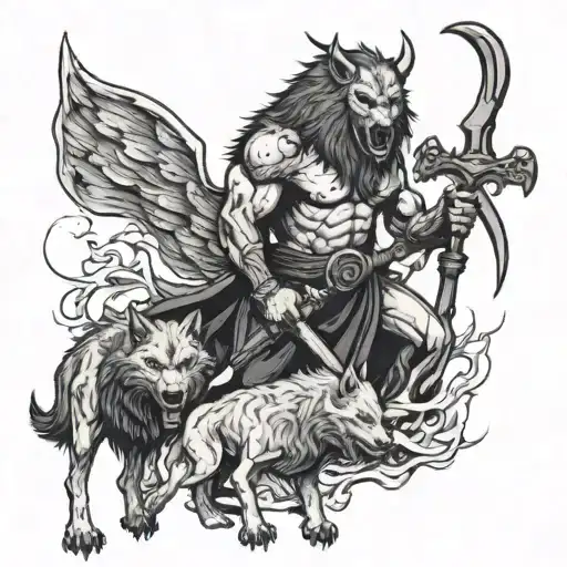 Demon ready for battle with a battle axe. In front of him are two wolves ready for battle. On his shoulder is a crying angel tattoo design idea