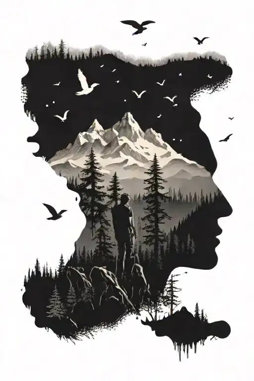 Alone man surrounded by dense forest overlooking mountain with birds flying at a distance creating a sense of loneliness tattoo design idea