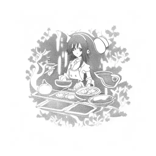 A mysterious anime character cooking a delicious meal in a magical forest tattoo design idea