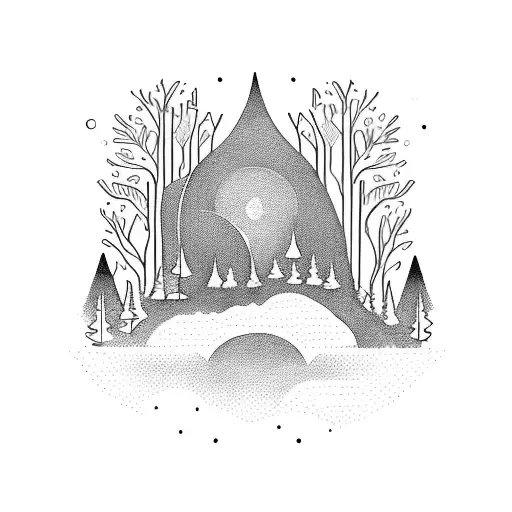 A mystical moonlit forest with a river flowing through it, adorned with a majestic crow perched on a branch tattoo design idea