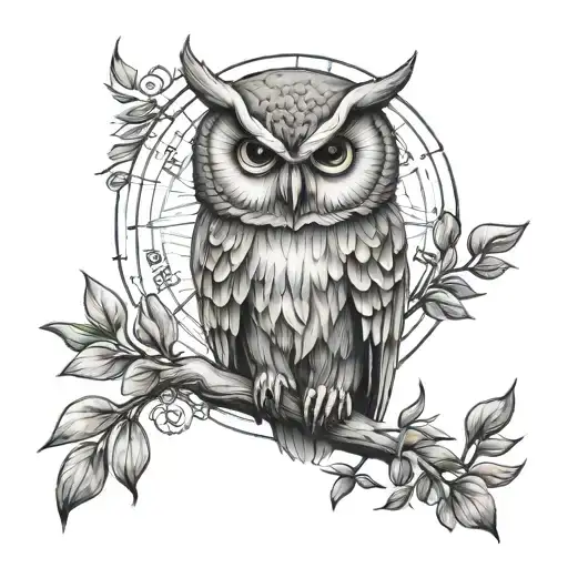 Owl and Compass sleeve with an olive branch tattoo design idea