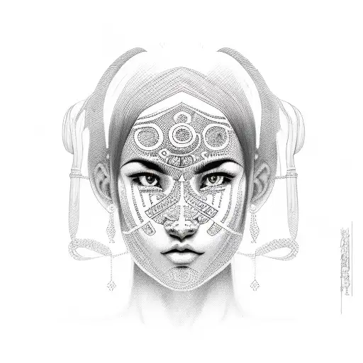 A sketch-style portrait of Ogun with intricate tribal patterns tattoo design idea