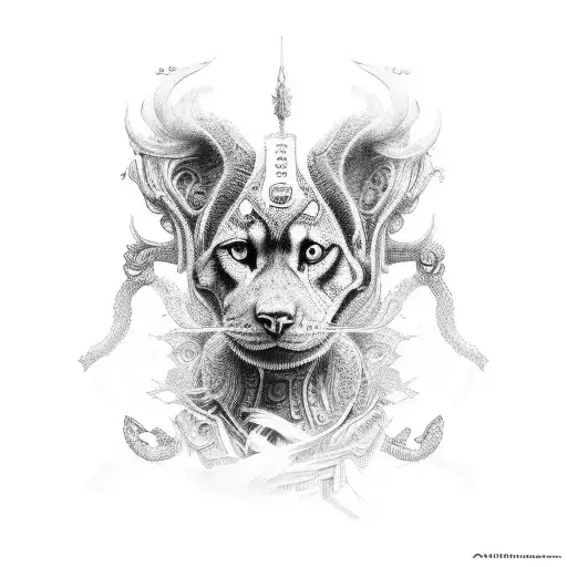 A detailed portrait of Ogun with intricate black-grey shading tattoo design idea