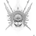 A detailed dotwork tattoo of Ogun's sacred weapon tattoo design idea