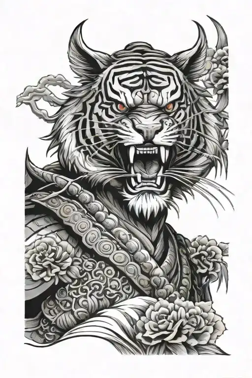 samurai warrior tiger head japanese temple tattoo design idea