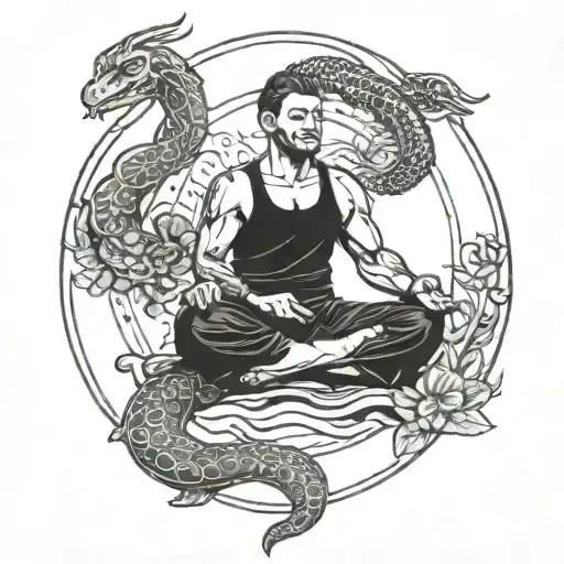 A blackwork tattoo of a disciplined man meditating serenely, with hidden snake and turtle motifs representing your inner strength and passions tattoo design idea