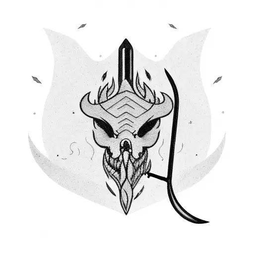 A hunting knife with a fishing hook as the blade, surrounded by shooting targets tattoo design idea