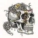 golden and silver broken to pieces skull, melting. Dark void Circle background with dead flowers. big dark ruby gemstone tattoo design idea