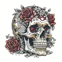 golden and silver broken to pieces skull, melting. Dark void Circle background with dead flowers. big dark ruby gemstone tattoo design idea