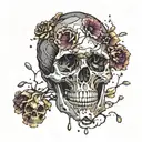 golden and silver broken to pieces skull, melting. Dark void Circle background with dead flowers. big dark ruby gemstone tattoo design idea