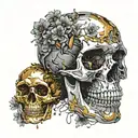 golden and silver broken to pieces skull, melting. Dark void Circle background with dead flowers. big dark ruby gemstone tattoo design idea