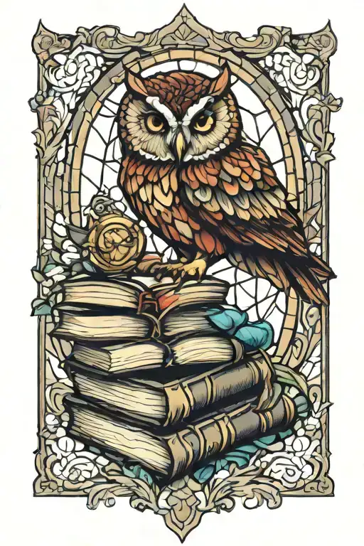 books and owl stained glass filled tattoo design idea