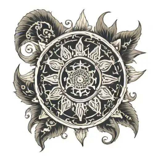 1. Central Element: A large Dharma Wheel (Dharmachakra) as the focal point, symbolizing the core teachings of Buddhism.  tattoo design idea