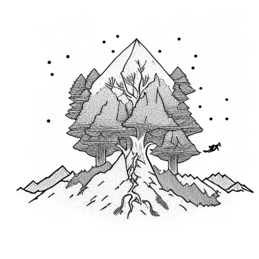 A hiker reaching the summit of a tall mountain with a tree growing out of their backpack tattoo design idea