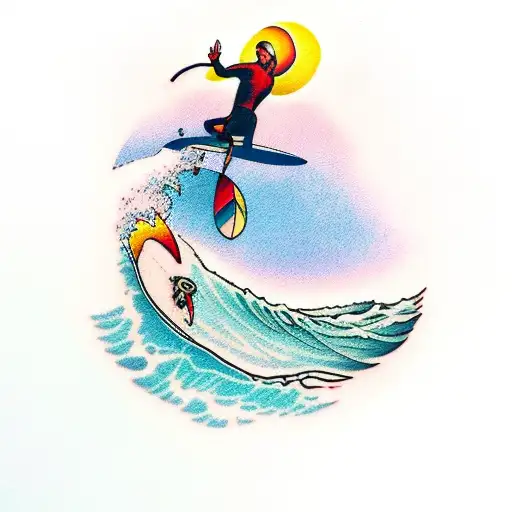 Surfer riding a wave at sunset tattoo design idea