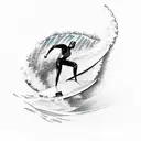 A sketch-style silhouette of a surfer riding a wave tattoo design idea