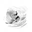 A sketch-style silhouette of a surfer riding a wave tattoo design idea