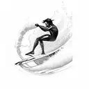 A sketch-style silhouette of a surfer riding a wave tattoo design idea