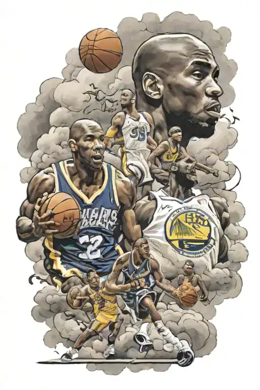 kobe Bryant, Michael Jordan, LeBron James, Steph curry, surrounded by clouds on basketball court tattoo design idea