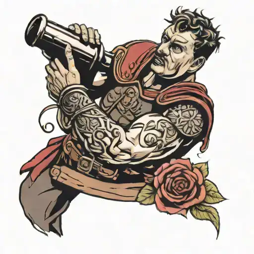 Roman gladiator drinking wine bottle tattoo design idea