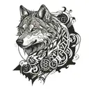 A wolf in a dynamic pose, surrounded by symbols of progress and improvement tattoo design idea